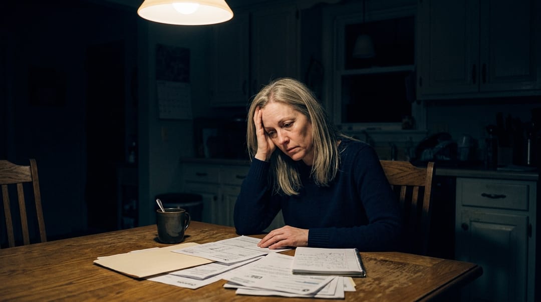 A woman sitting alone at a kitchen table late at night under one lamp, papers spread in front of her, resting her head on one hand