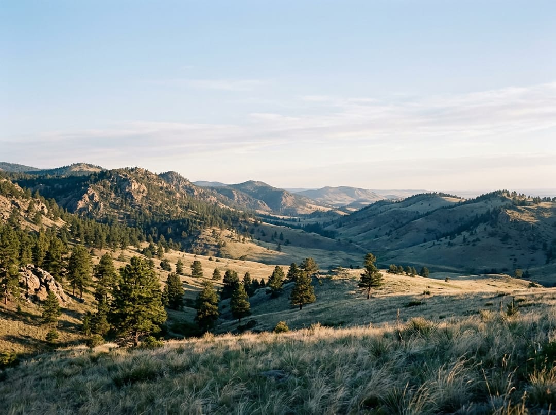 Colorado foothills at first light, the valley open and clear